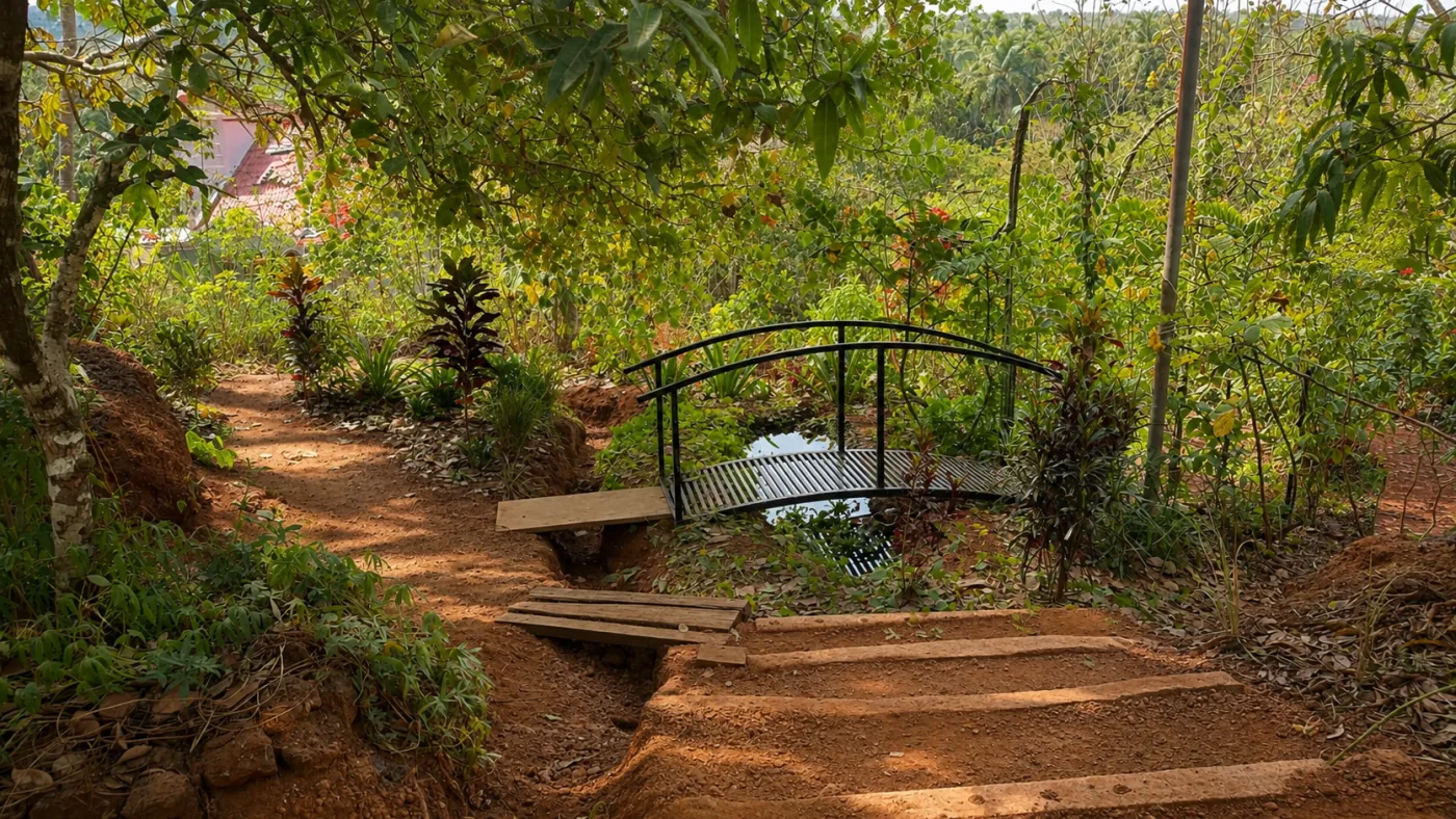 A small arched bridge over a pond in the tropical garden at The Haven Goa