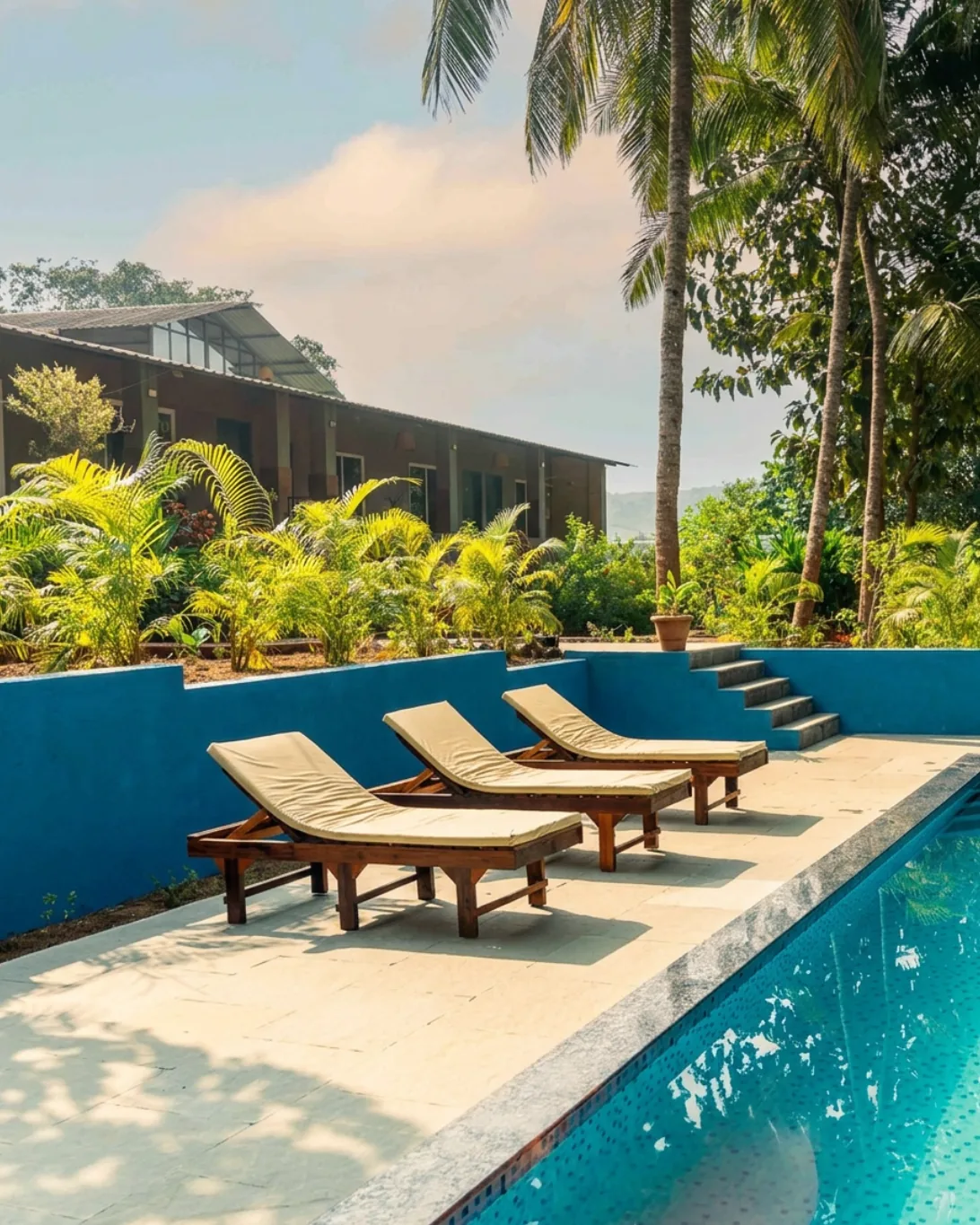 Swimming pool, loungers and guest accommodation surrounded by palms at The Haven Goa